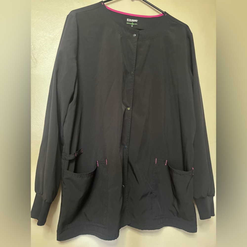 Scrubstar Black Snap Front Scrub Jacket L Pink Accent Pockets Lightweight